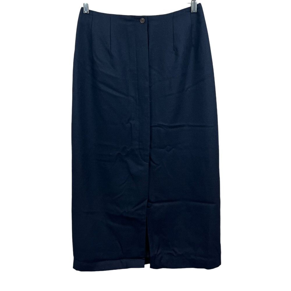 Harve Bernard Womens Wool Long Skirt Button Up Fully Lined Front Slit Navy 10*